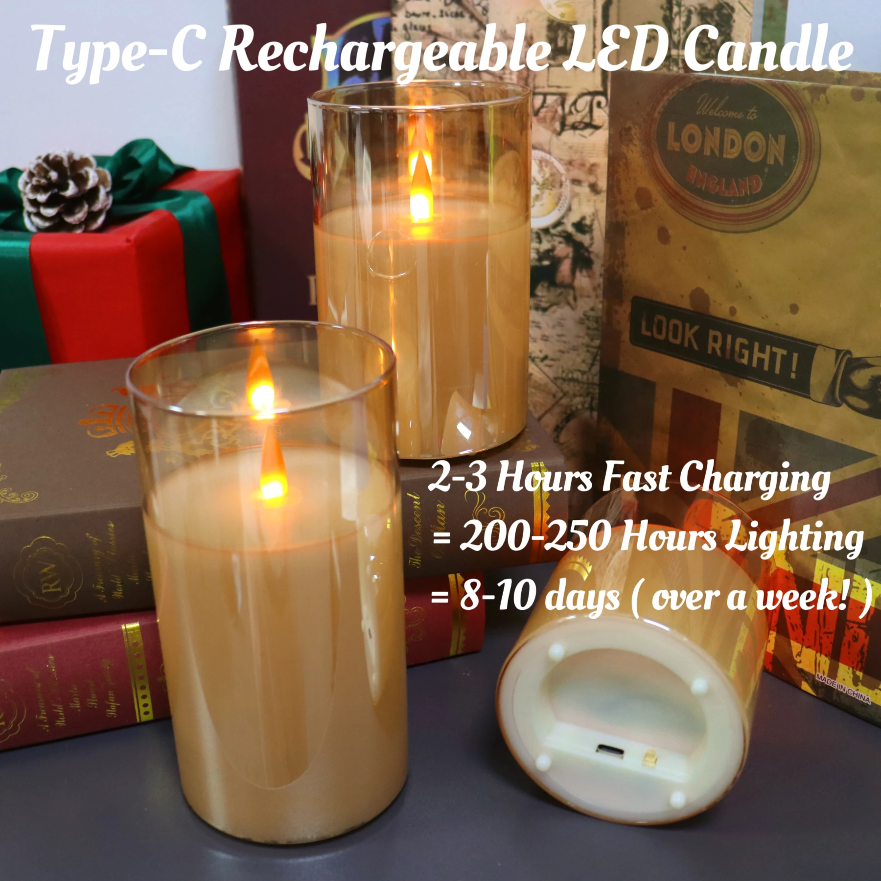 200 Hours Rechargeable Flickering Flameless Candles, Rechargeable LED Glass Pillar Candle with Remote, Warm Color for Home Décor