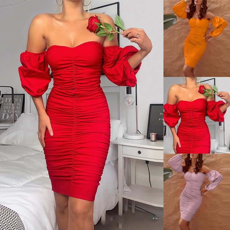 

Women Fashion Mini Dress Slash Neck Off The Shoulder Long Sleeve Slim Sheath Folds Solid Color High Waist Vestidos Feminino Nice