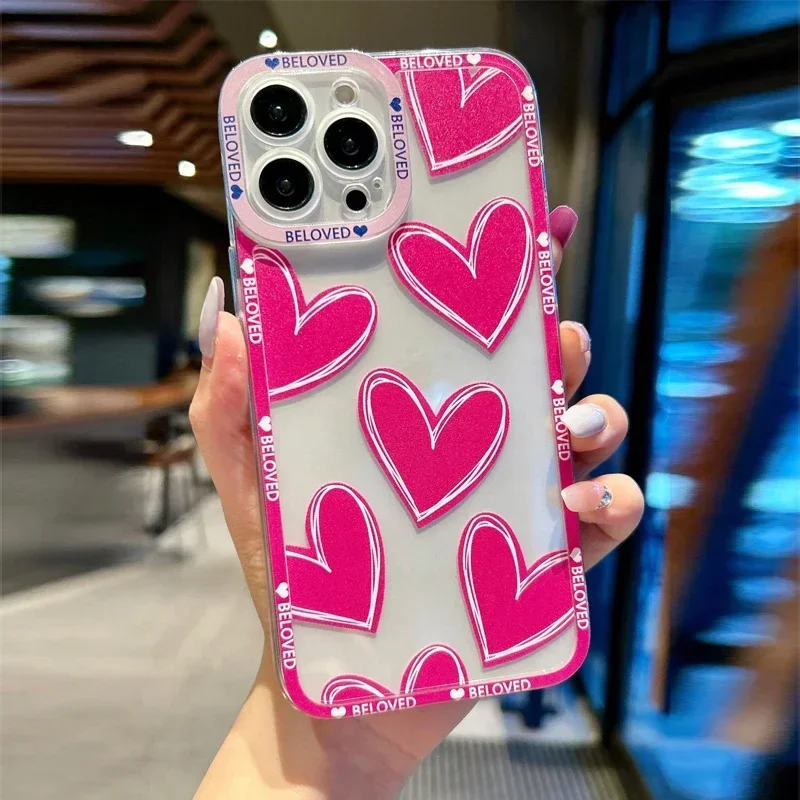 Soft Clear Phone Case For iPhone 16 14 13 15 Pro Max 12 Mini 11 Pro Xs 7 8 Plus SE XR Love Heart Cover Transparent Fundas Shell