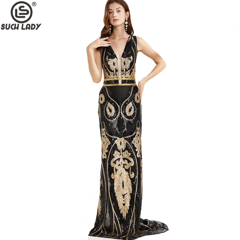 Women\'s Evening Gown V Neck Sleeveless Sequined Elegant Designer Maxi Chapel Train Long Party Prom