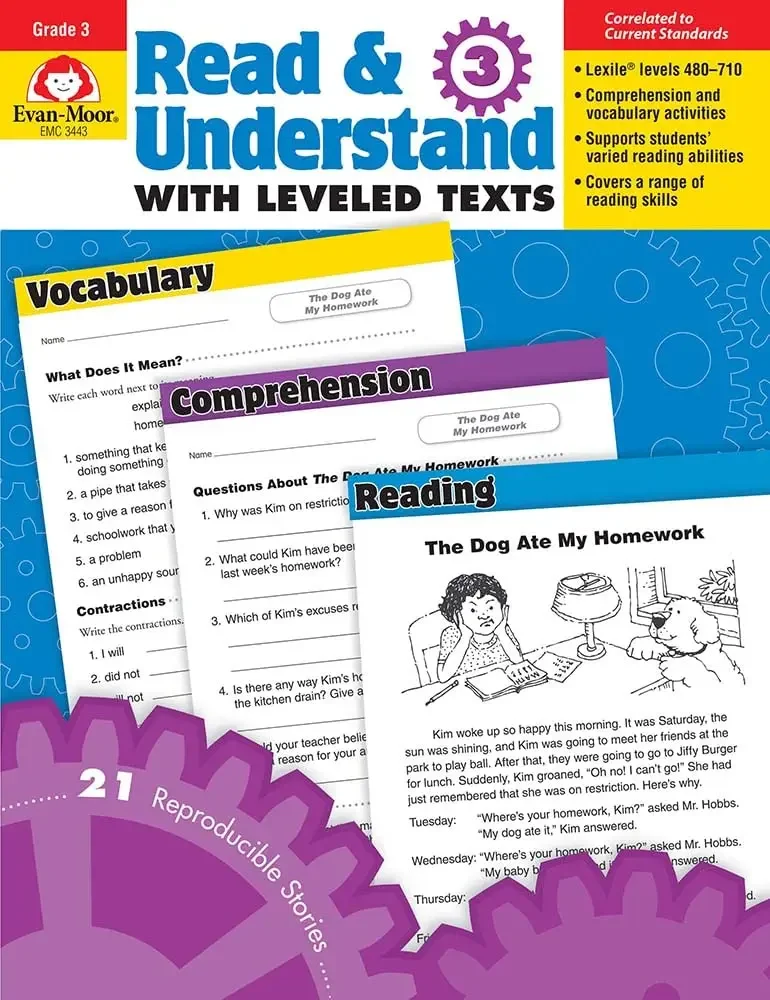 Evan-Moor Read & Understand with Leveled Texts, Grade 3 Workbook,aged 7 8 9 10, English book 9781608236725