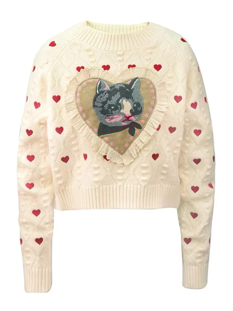 New Autumn Jacquard Love Cat Embroidery Pullover Sweater Women Vintage Fashion O-Neck Long Sleeve Sweaters Jumper Knitwear Tops