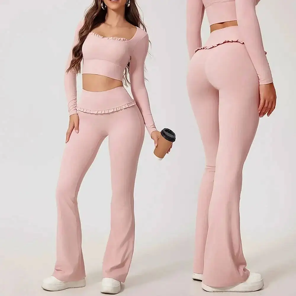 2PCS Pad Women Yoga Set Lotus Gym Fiess Long Sleeve Sports Crop Top High Waist Bell Flare Legging Workout Athletic Wear
