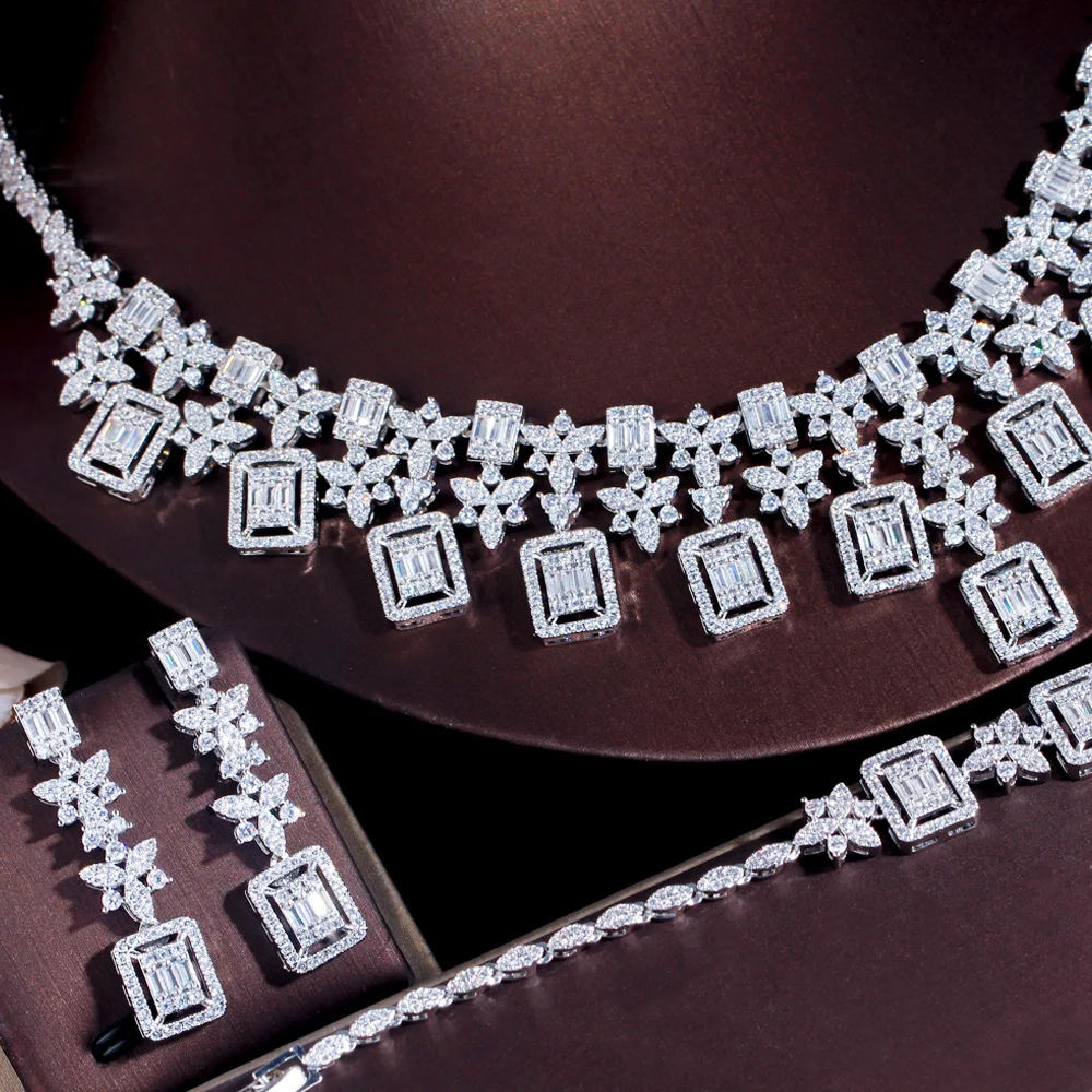 CWWZircons Sparkly Baguette Cubic Zirconia 4Pcs Jewelry Set Statement Necklace Earring for Evening Banquet Prom T0845