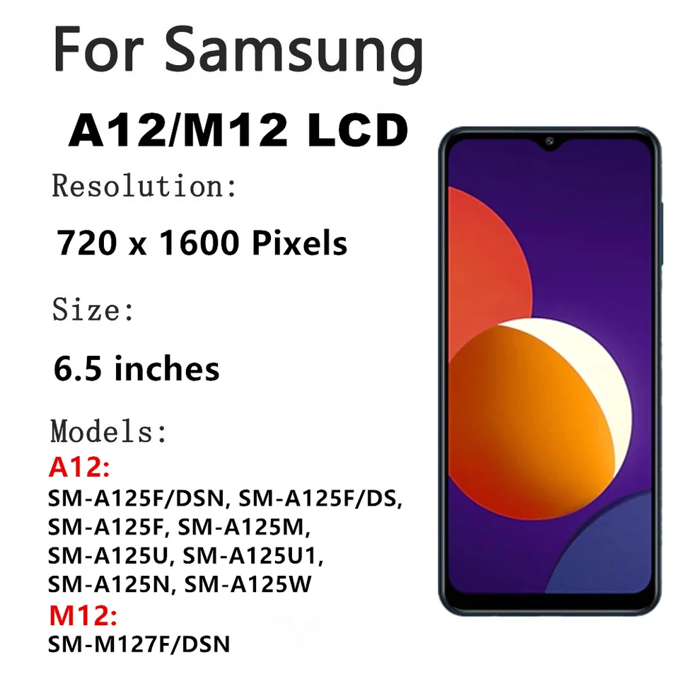 Pantalla de 6.5" M12 A12 para Samsung M12 M127 LCD con táctil para Samsung Galaxy A12 A125 Display A125F 125M A125U 2