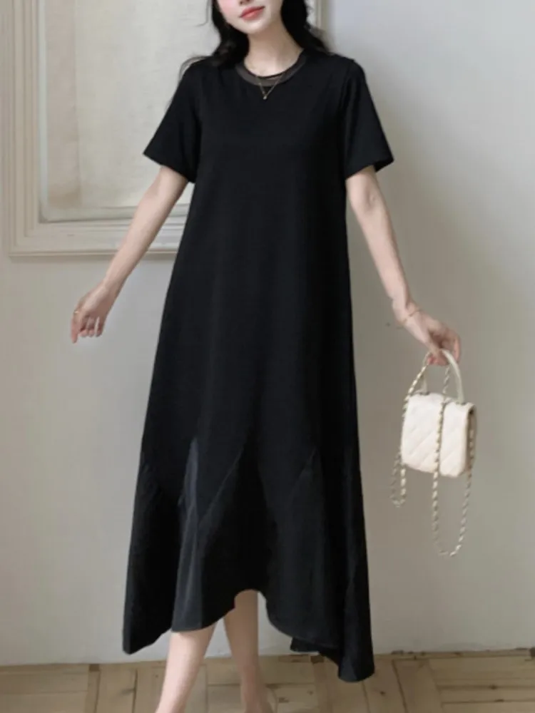 حجم كبير الصيف كوريا الجديدة غير النظامية امرأة فستان Vestidos رداء Elbise فضفاض المرقعة قصيرة الأكمام فستان طويل