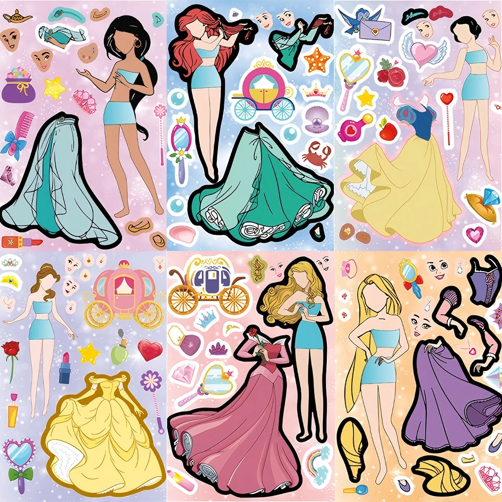 8/16 hojas de pegatinas de rompecabezas de princesa de Disney Make a Face, calcomanías Kawaii para niñas, fundas de teléfono DIY, maletas para ordenadores portátiles, recuerdo de fiesta para niños