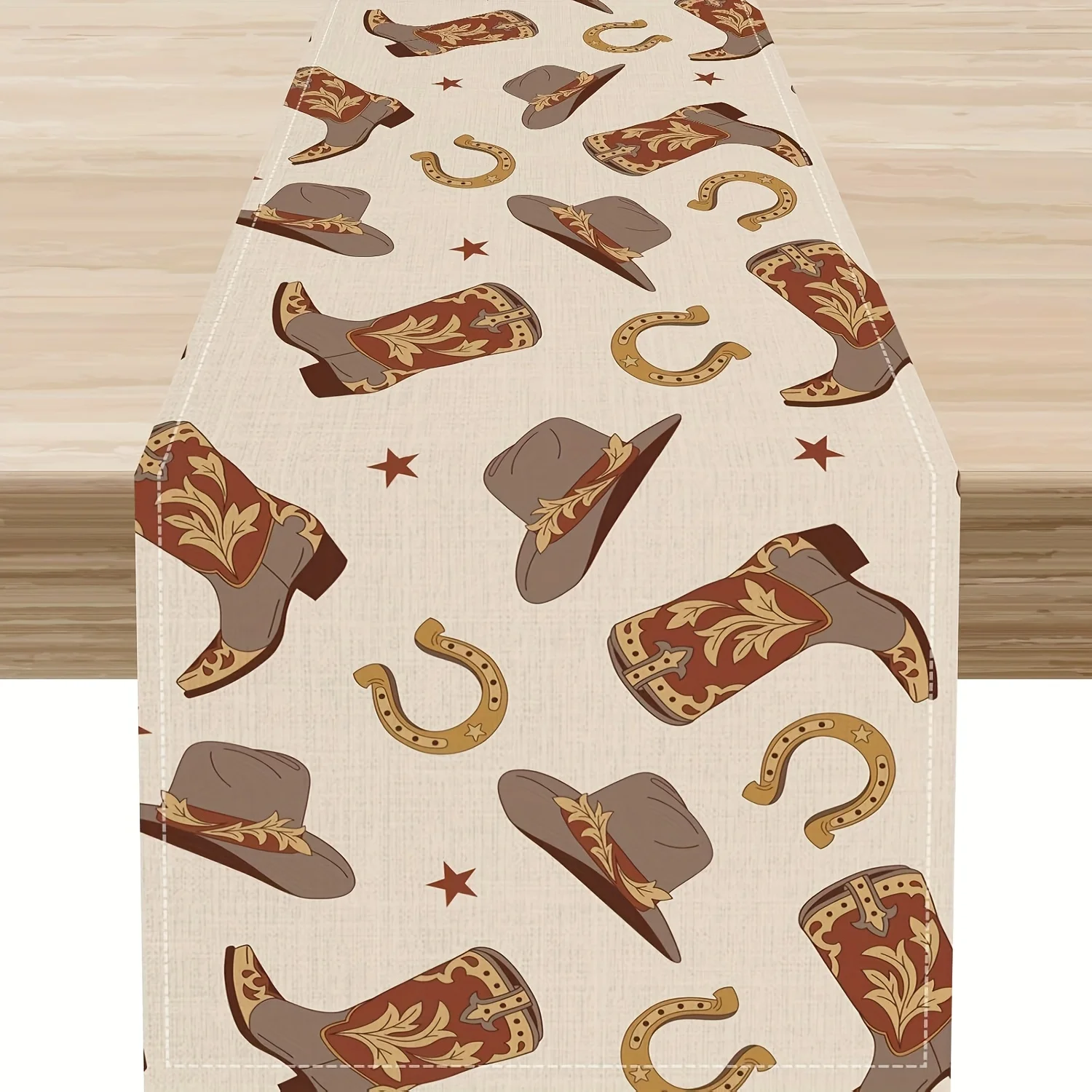 

Western Cowboy Boot Hat Printed Table Runner 2D Flat Print Beige Rustic Home Decor Country Style Dining Table Decoration Unique