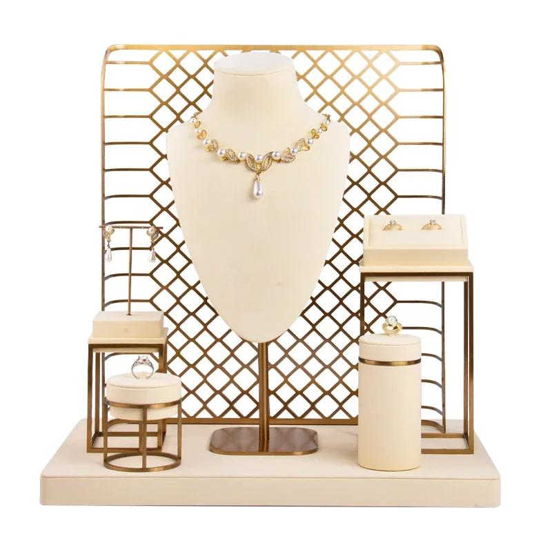 Beige Microfiber Jewelry Display Set Gold Color Brush Finish Metal Jewelry Display Stand For Jewelry Window Showcase