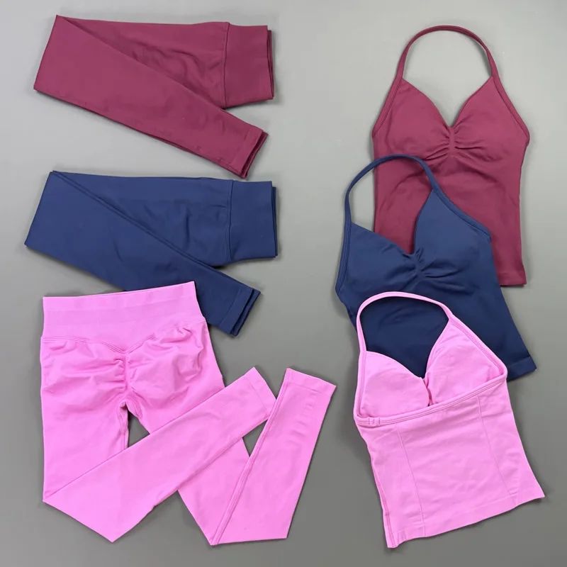 2Pcs Sports Sets Women V Neck Halter Yoga Top Seamless Butt Lifting Scrunch Leggings Soft Stretch Running Gym Workout Set