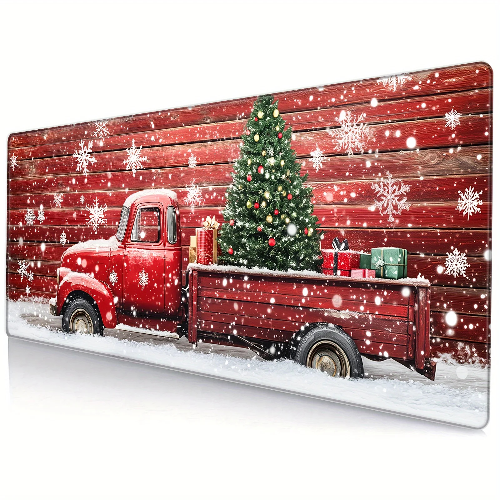 The anti-slip rubber bottom and sewn edge Christmas tree and red truck mouse pad in large size are suitable for home offices