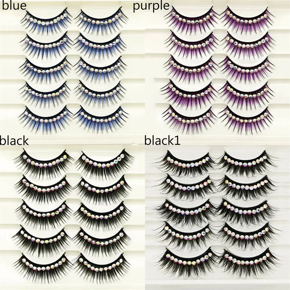 1/5Pairs Soft Mink False Eyelashes Natural 3D Fake Eye Lashes with Shiny Rhinestones Makeup Party Colored Extension Eyelashes