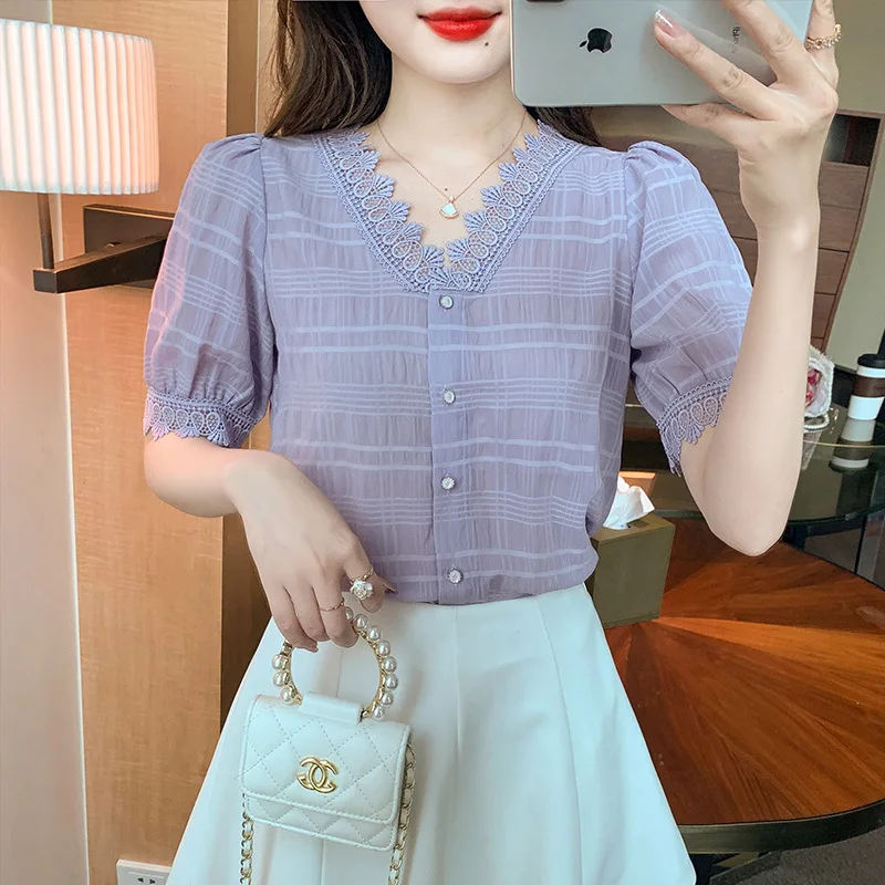 New 2024 Summer Office Shirt Womens Blouses V-Neck Vintage Work Casual Tops Chiffon Blouse Elegant Short Sleeve Loose Shirt