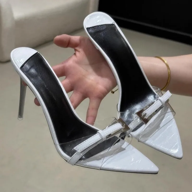 

Summer New Sexy High Heels with Spicy Heel Pointed Toe Open Toe Metal Buckle Sandals and Slippers for Women