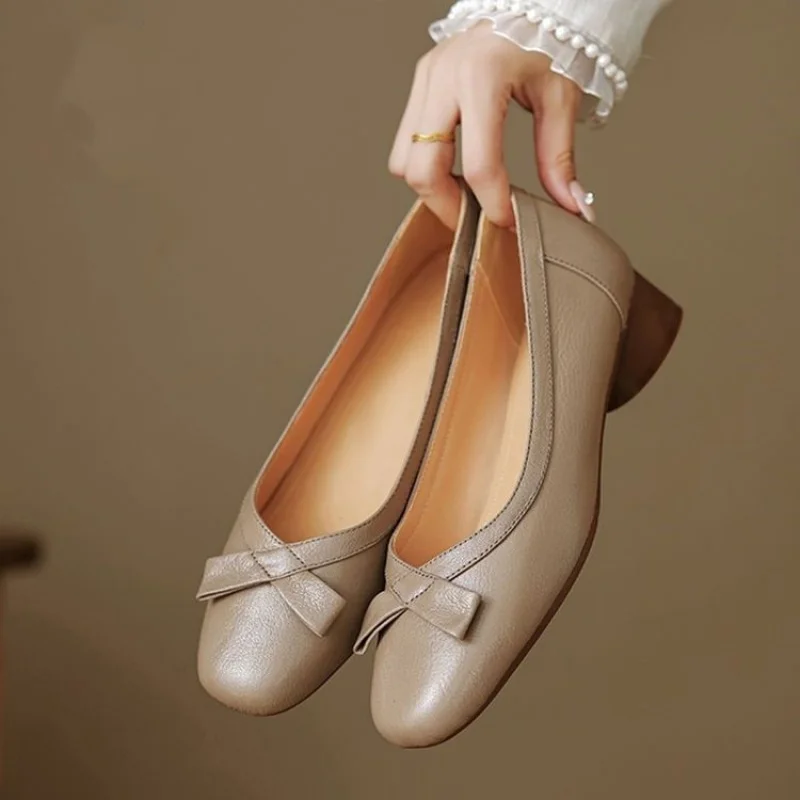 أحذية نسائية مسطحة مرقعة بنعل ناعم على الطراز الفرنسي، نمط جديد للخريف، لهجة فيونكة، أحذية منخفضة القطع، أحذية أمي بكعب منخفض ومقدمة مربعة #5