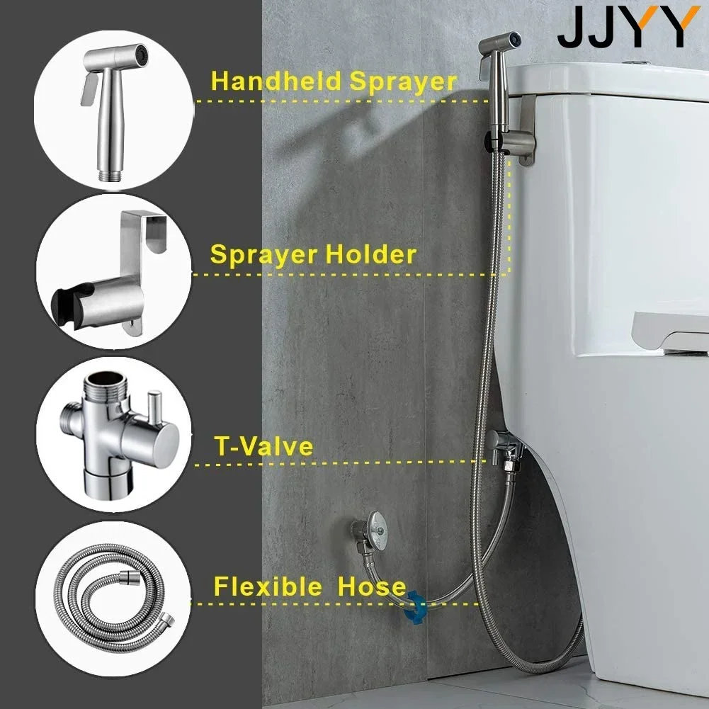 JJYY Bidet Sprayer Kit 4-Piece Set Bathroom Handheld Sprayer Faucet Cloth Diaper Stainless Steel Easy Install