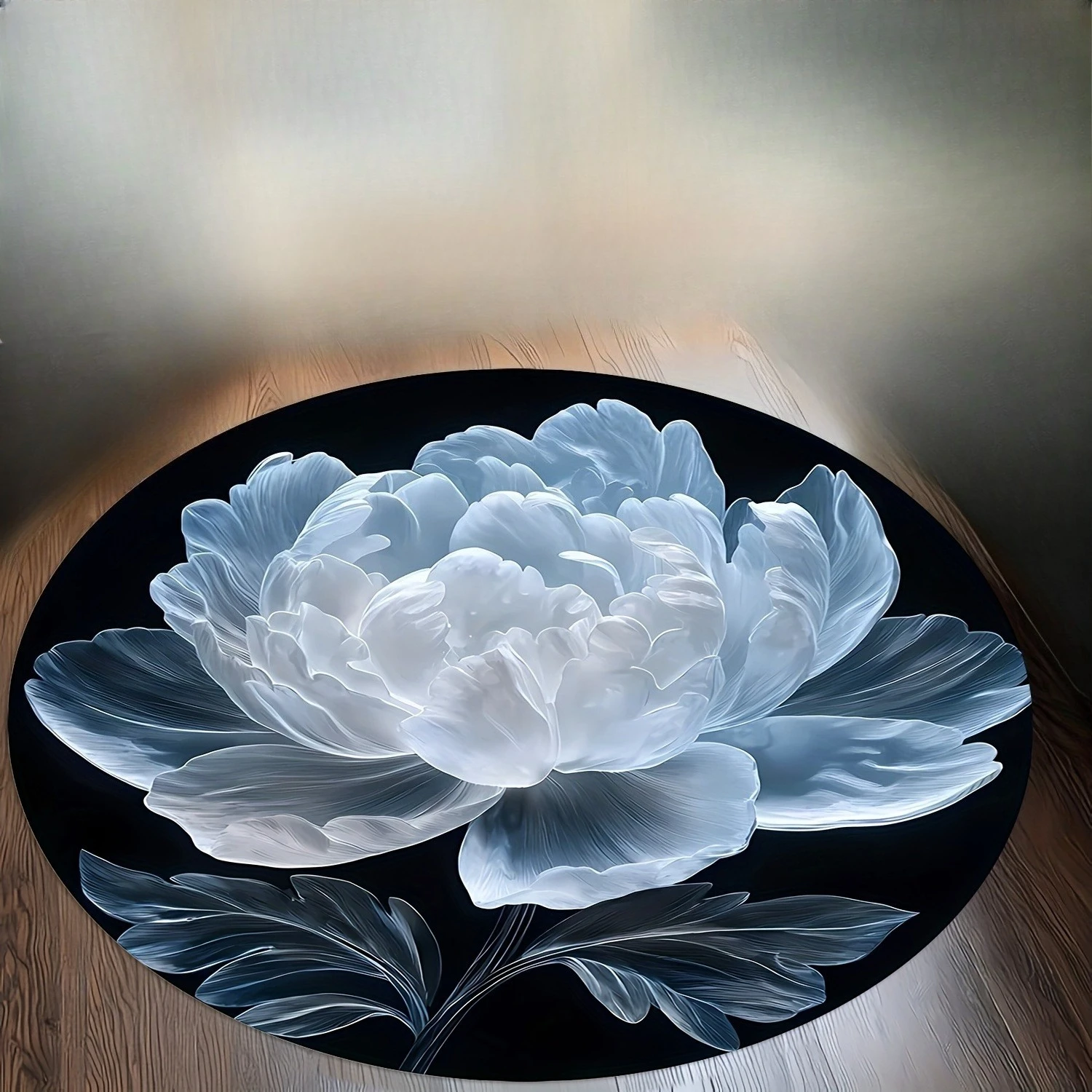 Ethereal Translucent Peony Circular Area Rug Large White Flower Print Anti Slip Round Doormat Luxury Indoor Bedroom Decor Rug
