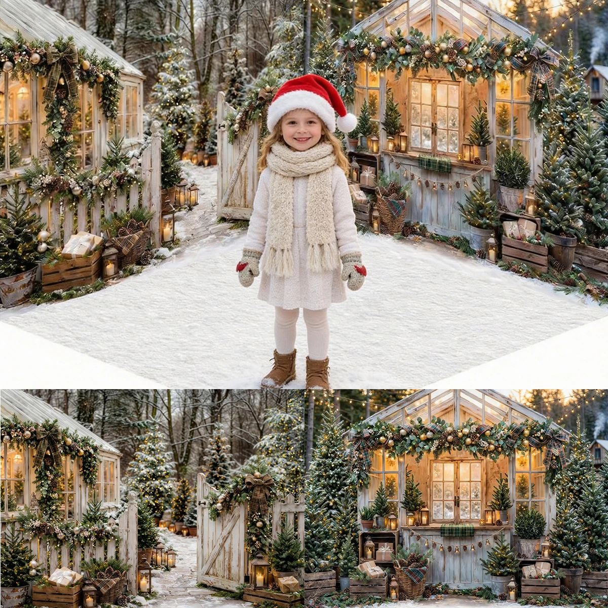 Rustic Christmas Winter Snowy Greenhouse Wood Fence Pine Trees Gift Box Lamp Warm Lights Holiday Party Photo Backdrop Cloth