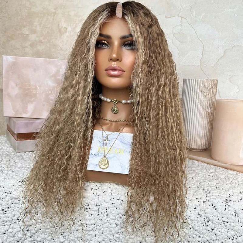 Ombre Honey Blonde V Part Wigs Bouncy Curly Unprocessed 100%Human Hair Highlight Brown Afro curly U Shape Wig Full End None Lace