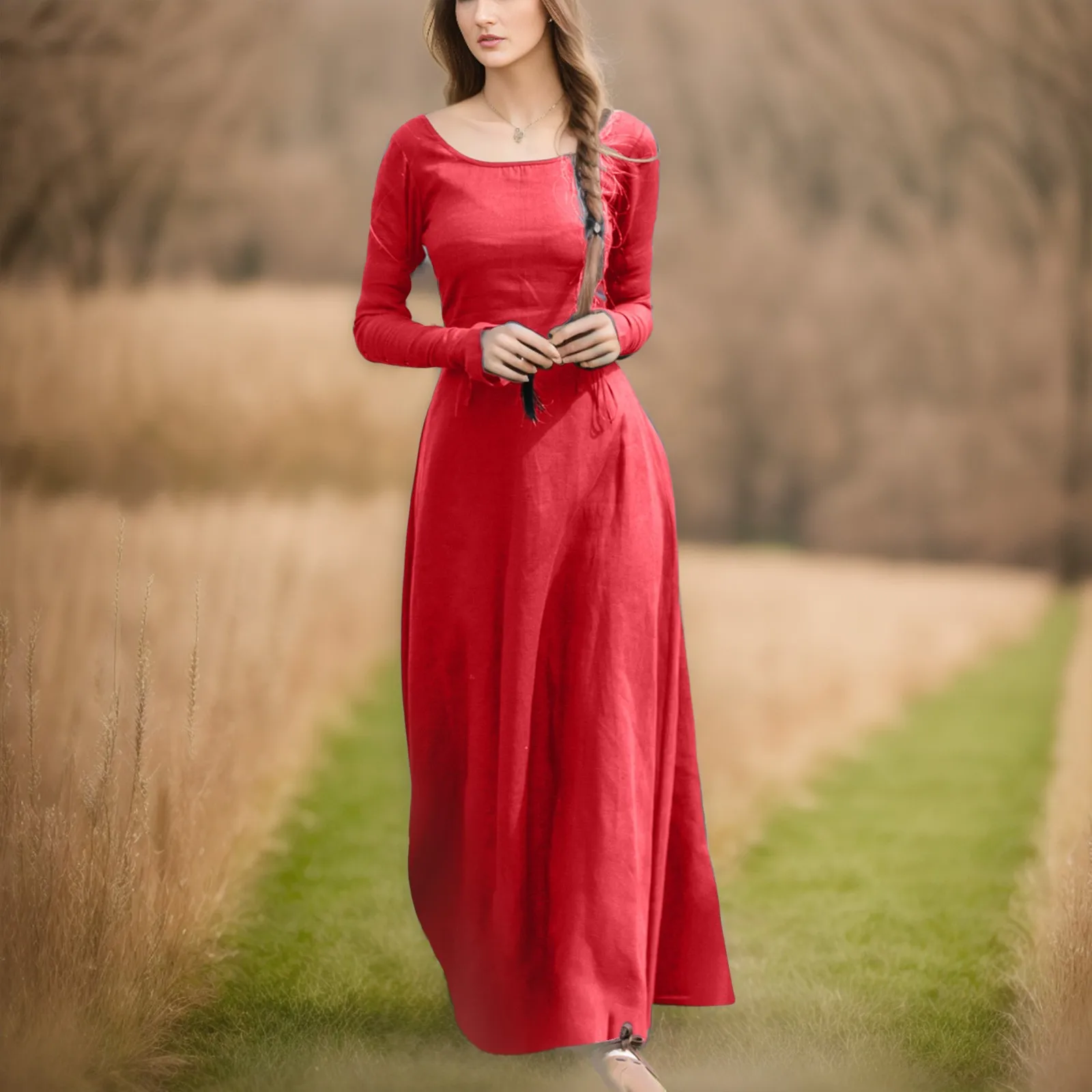 

Ladies Medieval Gothic Vintage Dress Long Color Elegant Long Sleeve Simple Dress Lady Evening Dress Party Holiday Casual Wear