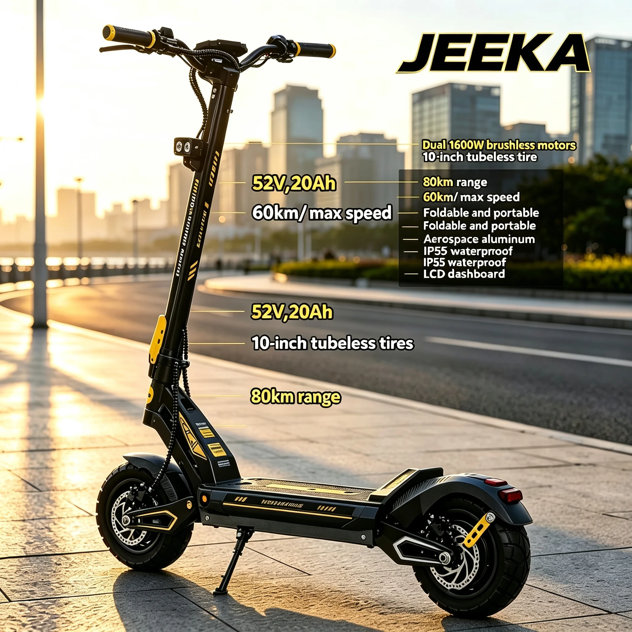 Foldable Electric Scooter 1600W Dual Motors 80KMH 52V 20Ah Battery 45 Miles Range Dual-Arm Suspension Dual Hydraulic Oil Brakes 10Inch Anti-skid Off Road Tires Aviation Aluminum Frame High Speed Stability for Commuting and Off-roading