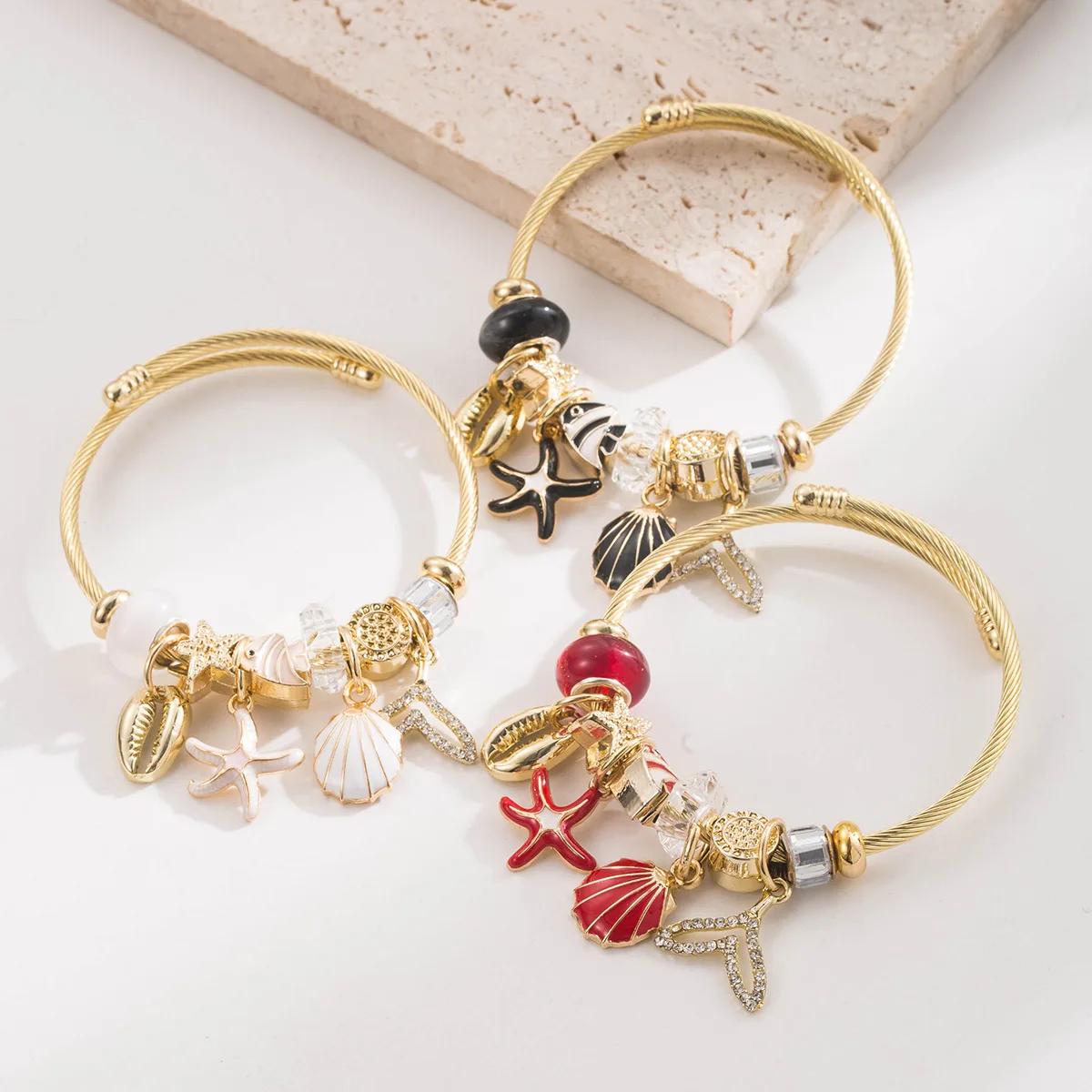 New minimalist colorful adjustable alloy beaded bracelet with shell, fish tail starfish pendants, women's fashion jewelry