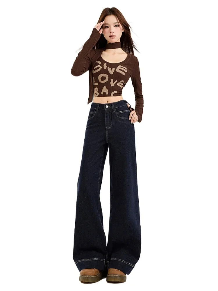 Calça jeans feminina anti-desbotamento, perna larga, americana, corte solto, elástica, preguiçosa, queimada, até o chão, calças de emagrecimento