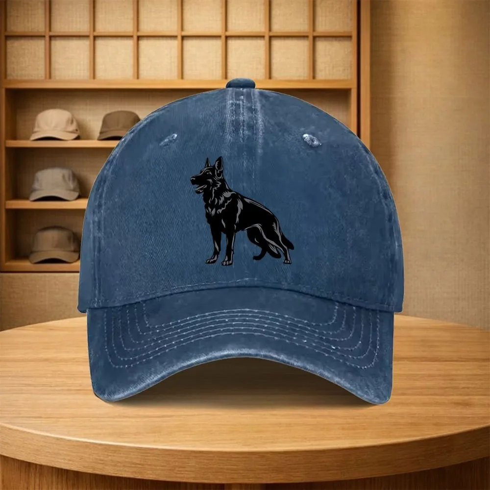 German Shepherd Silhouette Vintage Washed Denim Baseball Cap Unisex Adjustable Hat for Daily Outdoor Wear