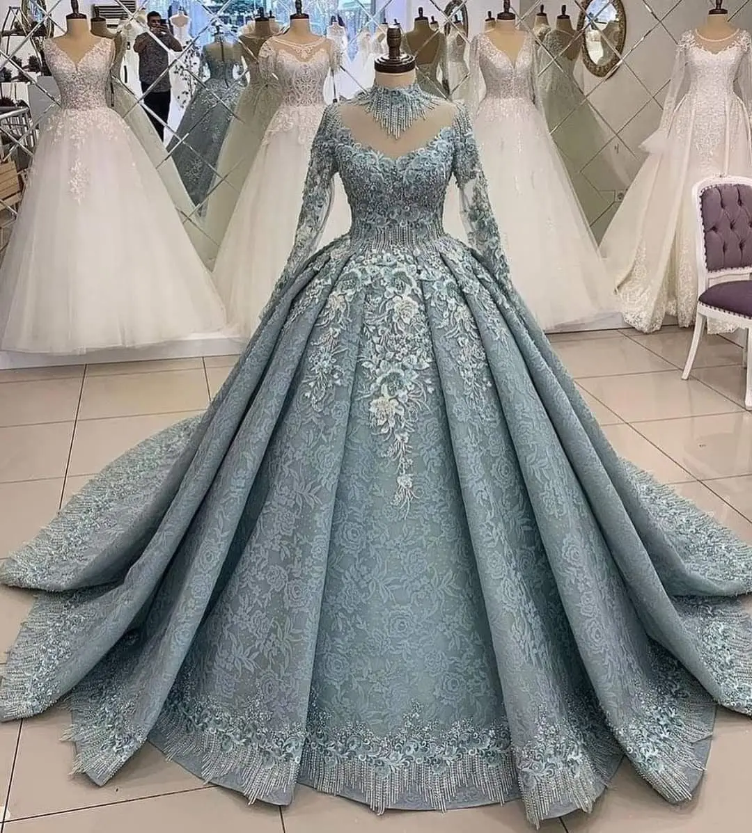 Sky Blue Muslin  Wedding Dresses  O Neck Long Sleeves Luxury Lace Bridal Gowns Appliques Robes De Mariees Luxe Dubai Customized
