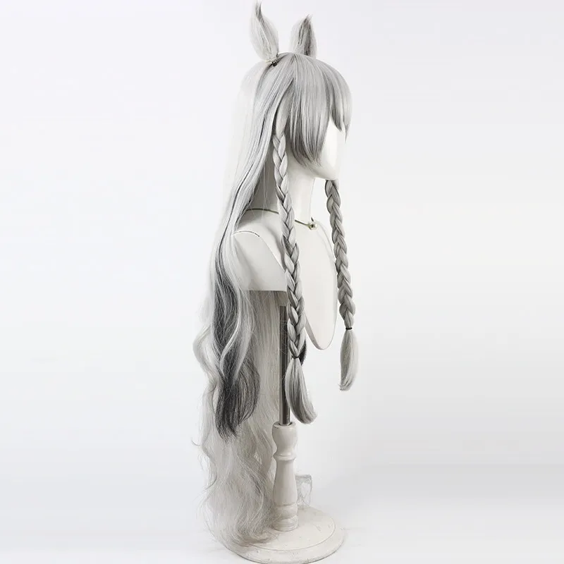 Game Arknights Pramanix Cosplay Wig Silver White Ombre Long Cosplay Wig With Detachable Ears For Comicon Party Adult Women Men