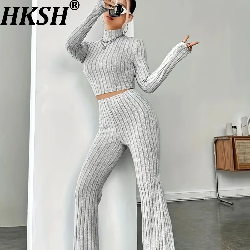 

HKSH осень-зима новый женский комплект из двух предметов водолазка с длинным рукавом короткие вязаные топы однотонные брюки элегантный шикарный прилив HK12541