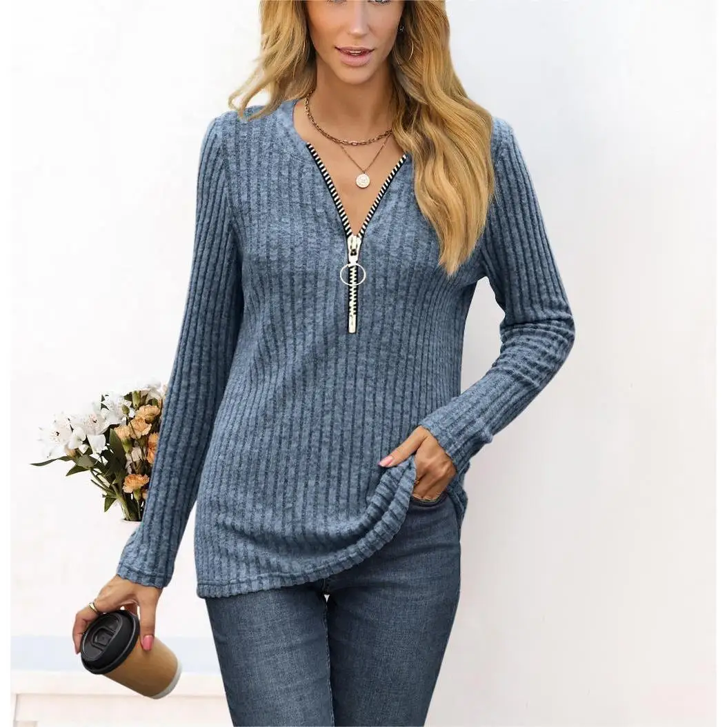 

Women's Chest Zipper Pleated Long Sve T-irt Top Comfortable Polyester Spandex Blend Casual Busin Sle Color