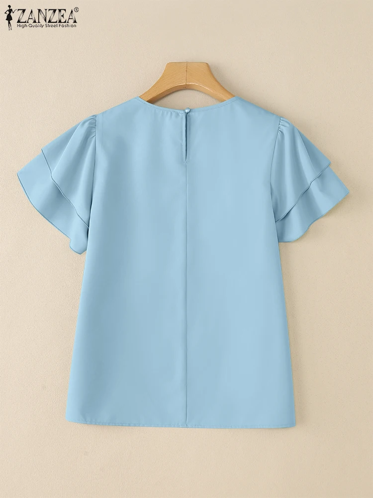 ZANZEA Ritaglio O-Collo Pendolarismo Camicette Moda Donna Elegante Abbigliamento da giorno Top Arco Dettaglio Venduto Colore Ruffles Manica Blusas Mujer