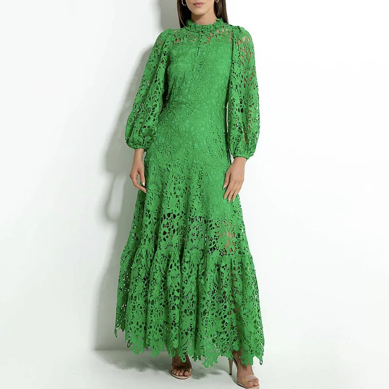 

French stand-up collar hollow design feeling waist thin fashion temperament dress simple luxury elegant high-end holiday style p
