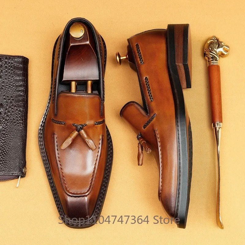 

Men's Dress Shoes Slip on Tassel Loafers Male Square Toe British Business Leather Shoes Youth Genuine Leather Daily Work Oxfords