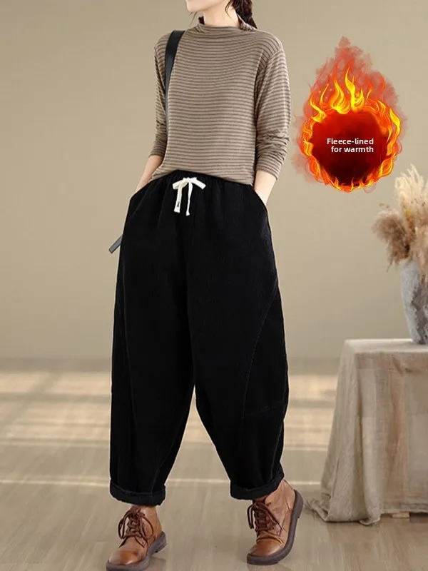 الرجعية Thiened Fce اصطف مرونة الخصر هارلان السراويل النسائية زائد حجم السراويل الدافئة عارضة القطن البوليستر مزيج الخريف... #5