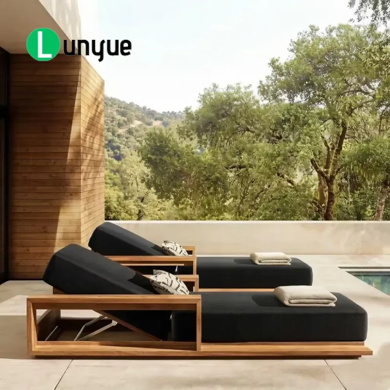 Teak Scandinavian Modern Sun Lounger with Cushions Durable Eco Friendly Outdoor Furniture for Hotel Villa Garden Patio