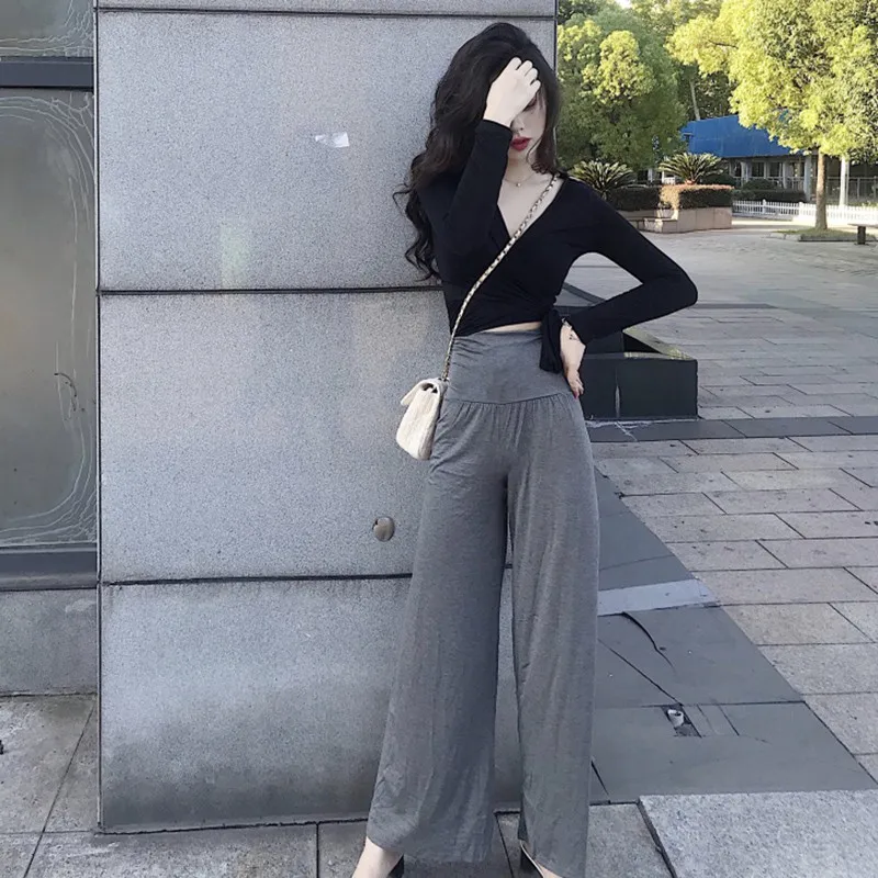 Spring Summer Sexy Slim V-neck Wrapped Women\'s Crop Tops Fashion Novel Solid Color Long-sleeved T-shirts