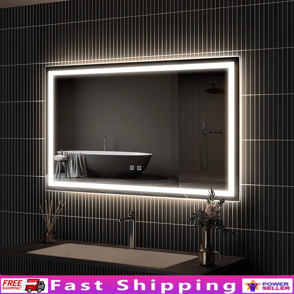 

LED Bathroom Mirror Backlit Frontlit Makeup Mirror Anti-Fog 3 Color Temperature Dimmable Memory Function Wall Mounted 48x36 inch