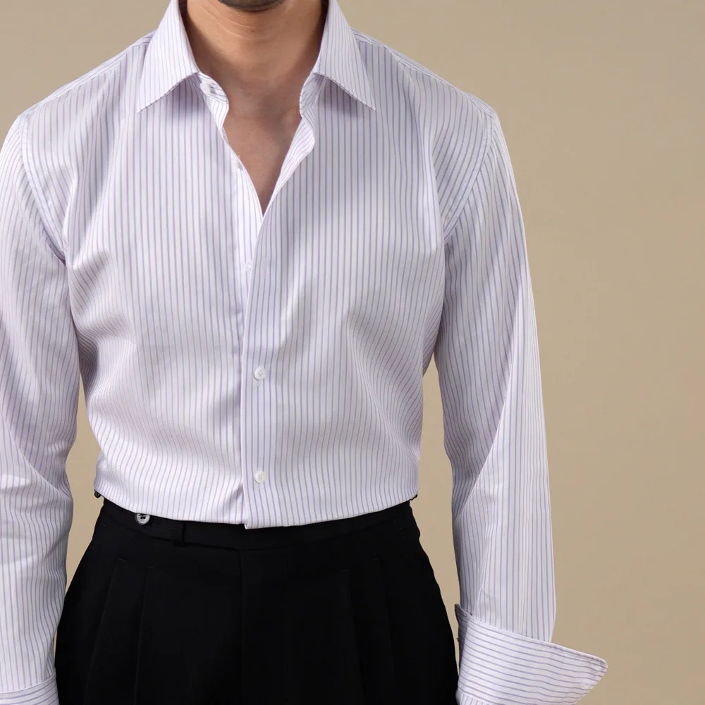 High Quality 100% Cotton Italian Collar Striped Shirt For Men 2026 Luxury Business Casual Suit Shirt Chemise Homme Manche Longue