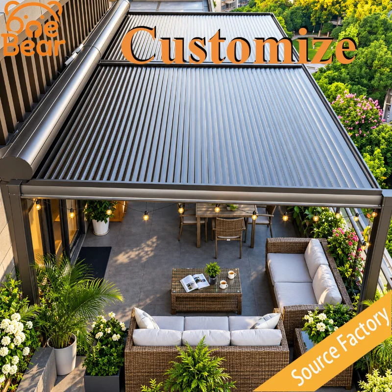 Customizable Remote Control Motorized Aluminum Retractable Sky Awning Windproof Roof Shade For Cafe Restaurant Yard Patio Canopy