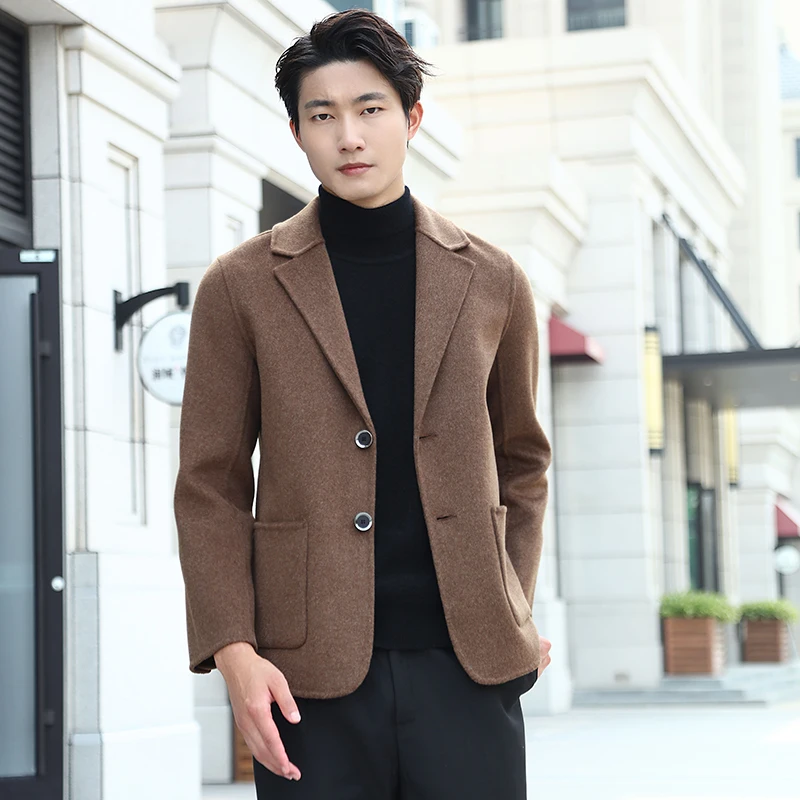 MVLYFLRT Men\'s Solid Color Tailored Collar Clothing 100% Pure Wool Handmade Short Coat, Korean Version Slim Fitting Coat Jacket