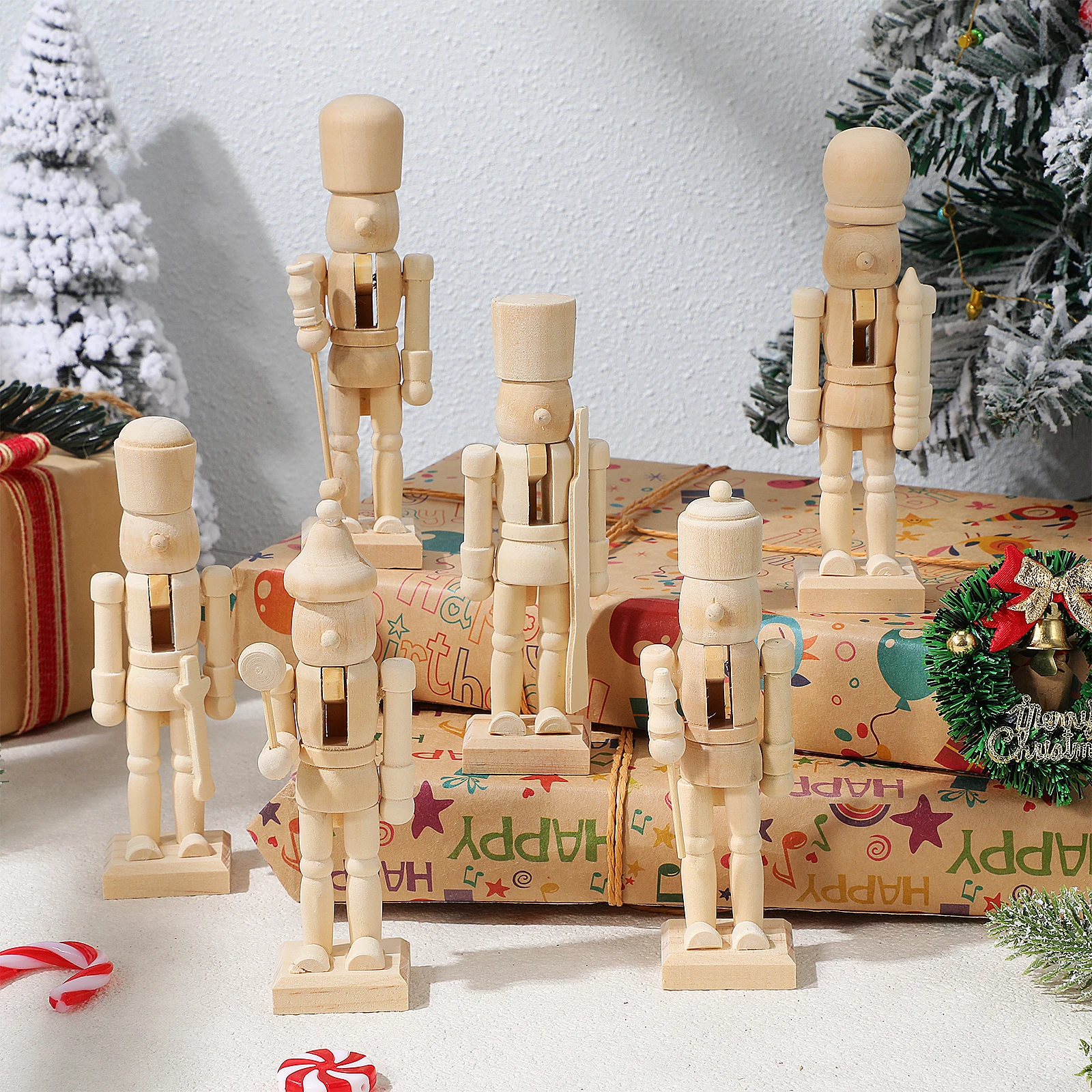 

6pcs 12Cm Wooden Nutcracker Diy Christmas Soldier Figurines Blank Creative Eco-Friendly Safe Kids Gift For Play Decoration Diy