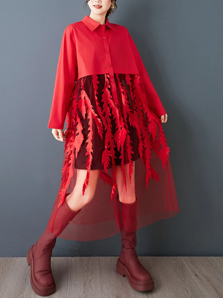 Sukienki damskie w stylu vintage z siateczkowymi wstawkami, czerwone, nowe, z długim rękawem, luźne, codzienne sukienki midi, eleganckie ubrania, wiosna jesień 2026