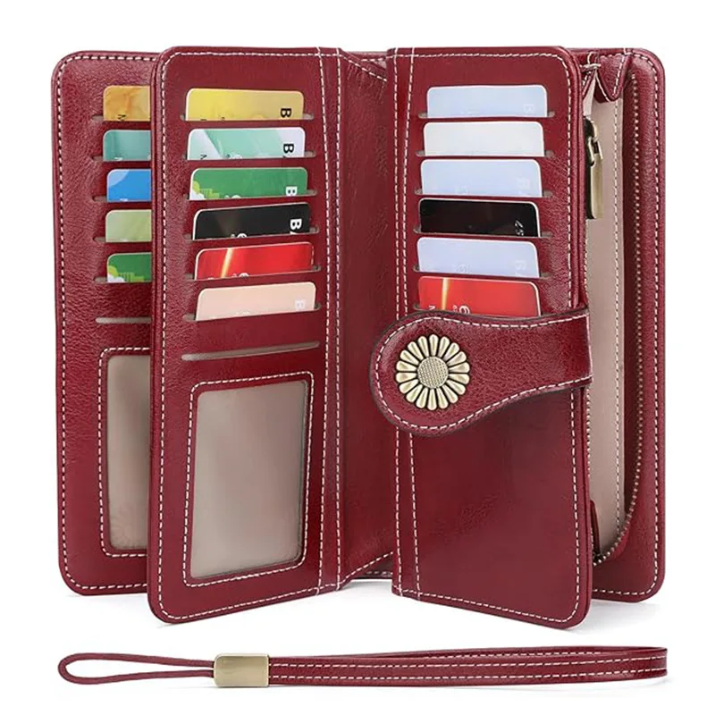RFID Anti-theft Brush Retro Large Capacity Long Wallet Multi-card Women's Wallet Multi-function Zipper Wallet With Wrist Strap