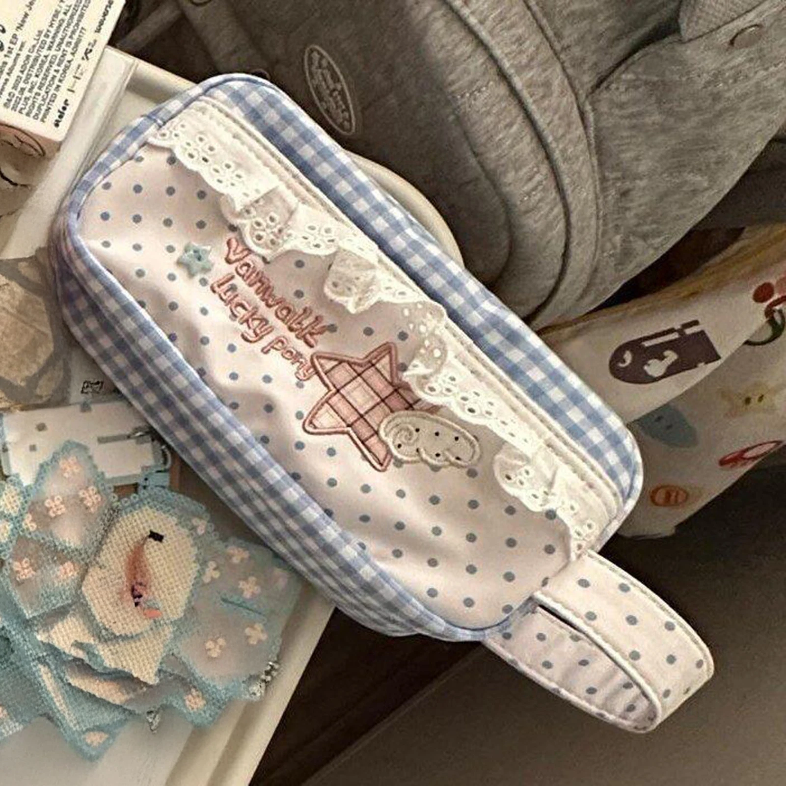 Korean Style Lace Staiobery Bags Blue Plaid Polka Dot Pattern Pencil Cases Handheld Large Capacity Pen Boxes School Supplies