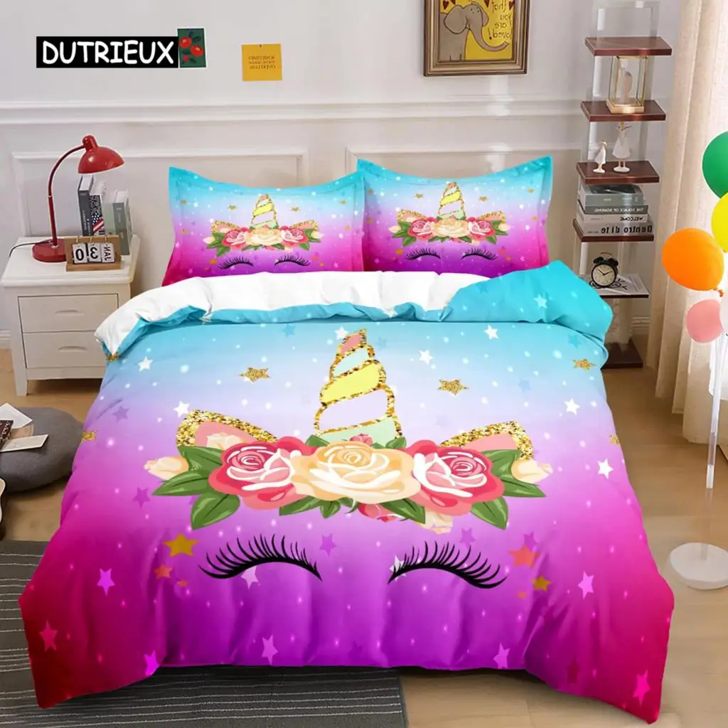 

Unicorn Duvet Cover Set Cartoon Animal Galaxy Star Floral Bedding Set for Kids Girls Polyester Romantic Theme Comforter Cover