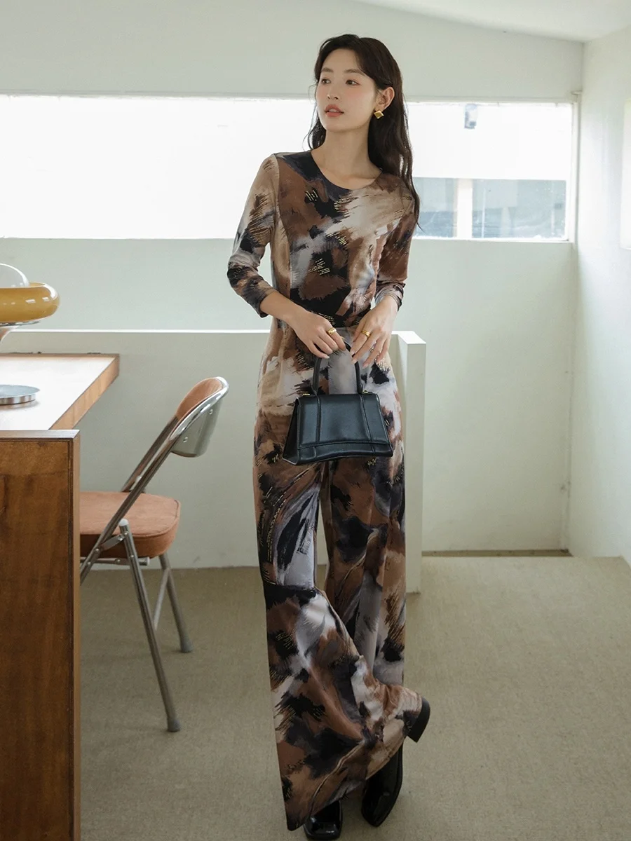 Calças Femininas Longas de Corte Reto, Sem Necessidade de Passar, Estilo Casual Floral de Outono, Efeito Emagrecido Confortável