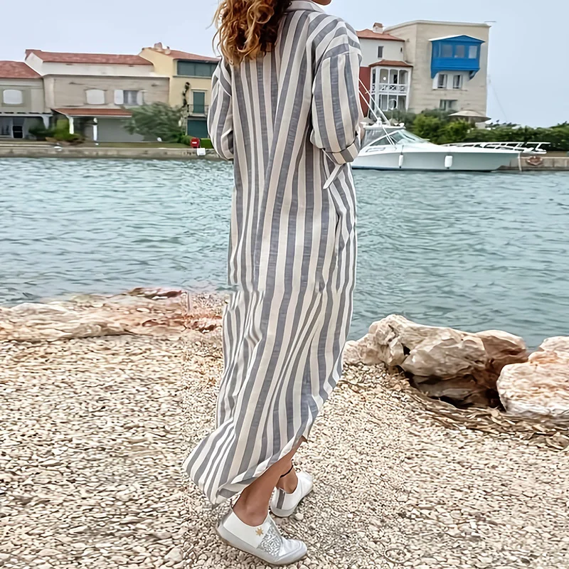 Elegant Turn Down Collar Linen Breathable Dress Trendy Casual Loose Pocket Dress Summer Stripe Long Sleeve Shirt Dress For Women