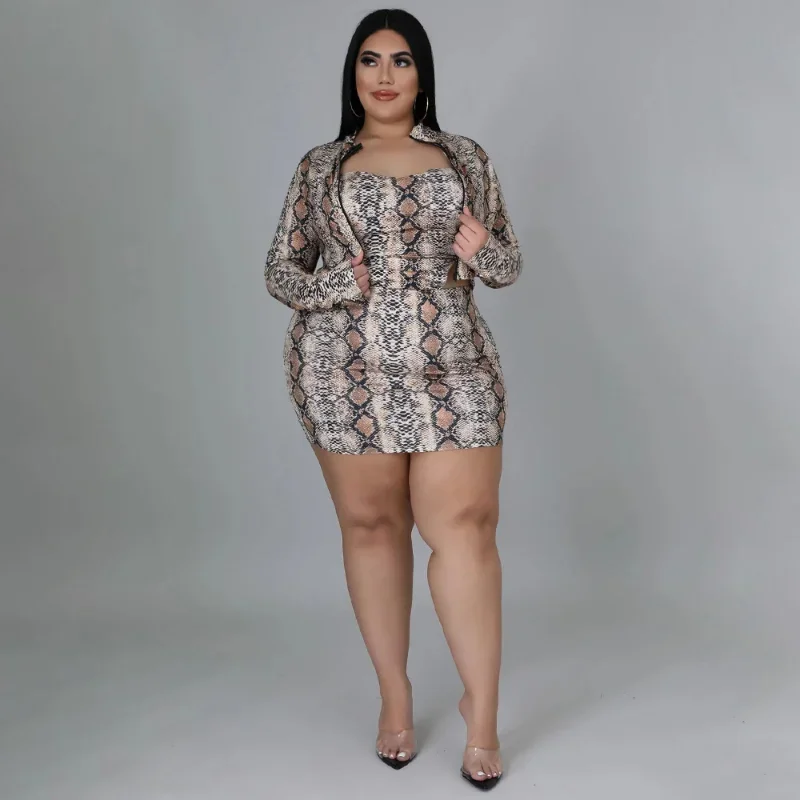 KEXU Leopard Print Women Plus Size Set Full Sleeve Zipper Coat Cut Out Strapless Mini Dress Two 2 Piece Sets Fashion Outfit